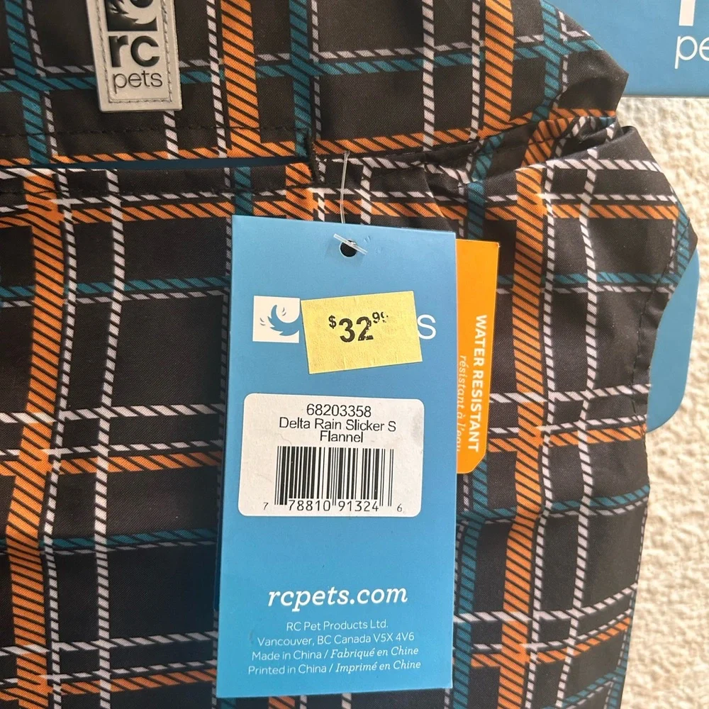 Delta Plaid Rain Slicker with Black, Orange, and Blue dog Rain coat Small NWT
